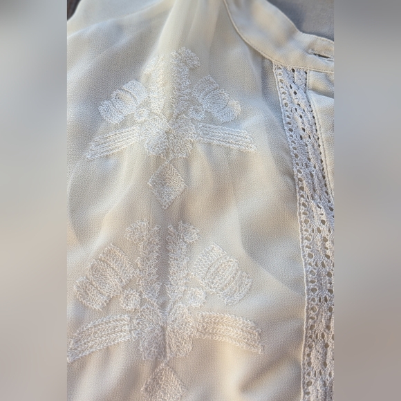 Karen Kane Ivory White Embroidered Chiffon Boho Long Sleeve Maxi Shirt Tie Dress - Picture 6 of 10